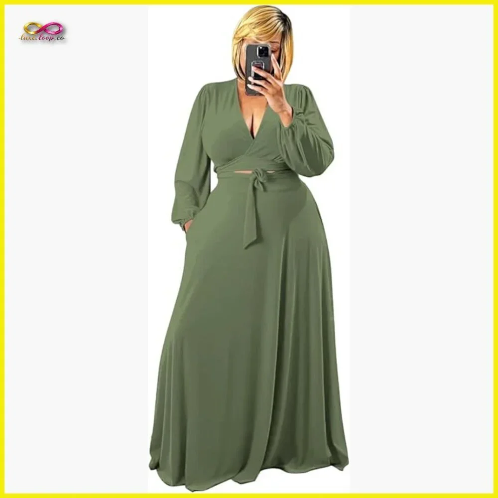 Wrap Crop Top Maxi Skirt Set Elegant Chic Matching Outfit Long Sleeve